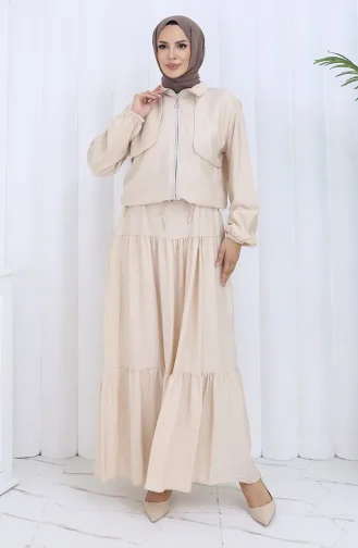 بدلة من قطعتين بأكمام مرنة وسحاب 0129-12 بيج 0129-12
