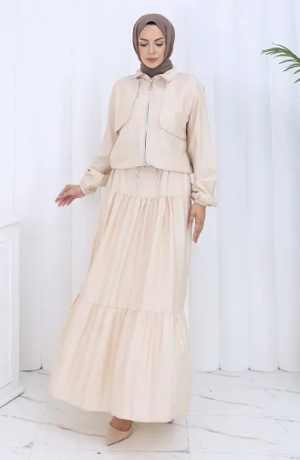 بدلة من قطعتين بأكمام مرنة وسحاب 0129-12 بيج 0129-12