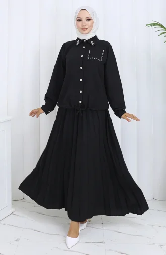 بدلة من قطعتين، قميص وتنورة بأزرار، لون أسود، 2113-05 2113-05