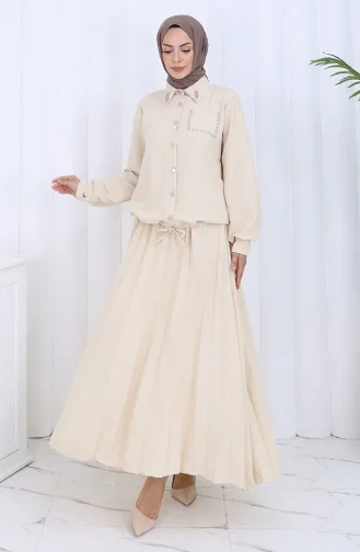 Taşlı Düğmeli Gömlek Etek İkili Takım 2113-06 Vizon