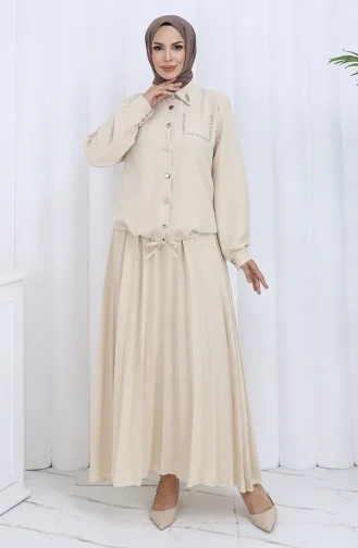 Taşlı Düğmeli Gömlek Etek İkili Takım 2113-06 Vizon