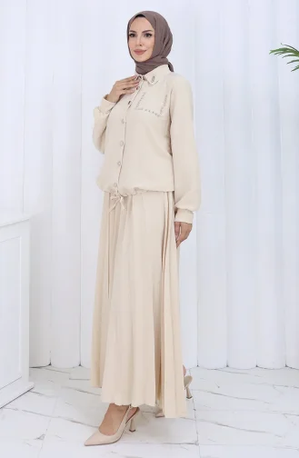 Taşlı Düğmeli Gömlek Etek İkili Takım 2113-06 Vizon