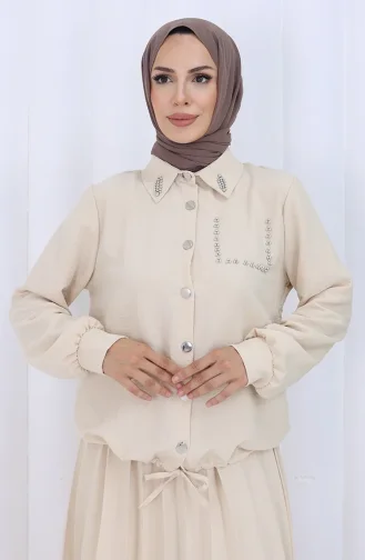 Taşlı Düğmeli Gömlek Etek İkili Takım 2113-06 Vizon