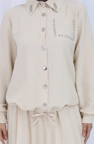 Taşlı Düğmeli Gömlek Etek İkili Takım 2113-06 Vizon