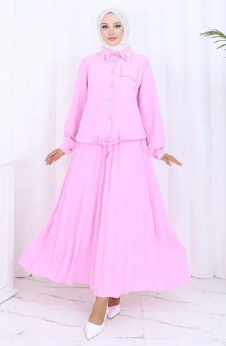 Stoned Buttoned Shirt Skirt Two Piece Suit 2113-07 Pink 2113-07