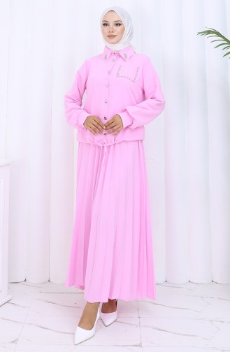 Taşlı Düğmeli Gömlek Etek İkili Takım 2113-07 Pembe