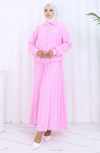 Stoned Buttoned Shirt Skirt Two Piece Suit 2113-07 Pink 2113-07