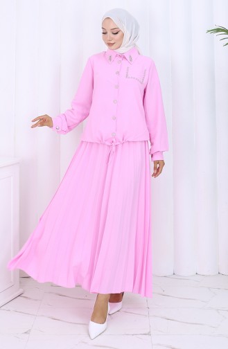 Taşlı Düğmeli Gömlek Etek İkili Takım 2113-07 Pembe