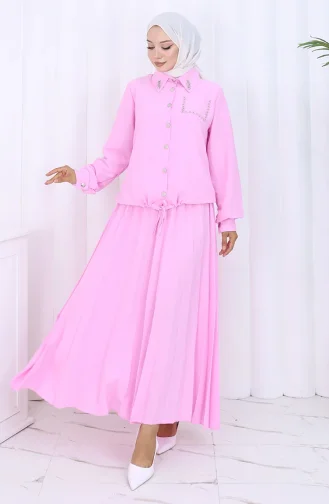 Stoned Buttoned Shirt Skirt Two Piece Suit 2113-07 Pink 2113-07