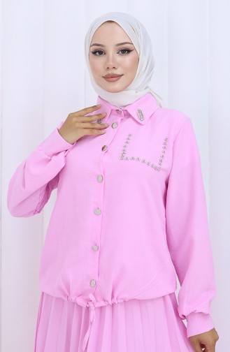 Taşlı Düğmeli Gömlek Etek İkili Takım 2113-07 Pembe