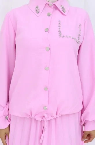 Stoned Buttoned Shirt Skirt Two Piece Suit 2113-07 Pink 2113-07