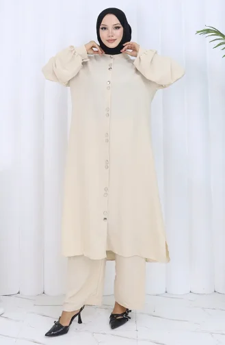 Boydan Düğmeli Tunik Pantolon İkili Takım 2114-02 Vizon