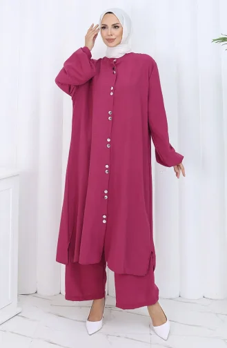 Boydan Düğmeli Tunik Pantolon İkili Takım 2114-03 Vişne