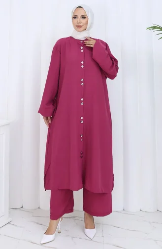 Boydan Düğmeli Tunik Pantolon İkili Takım 2114-03 Vişne