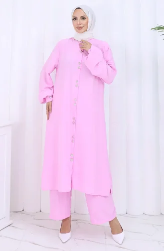 Boydan Düğmeli Tunik Pantolon İkili Takım 2114-04 Pembe