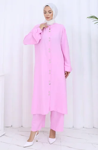 Boydan Düğmeli Tunik Pantolon İkili Takım 2114-04 Pembe