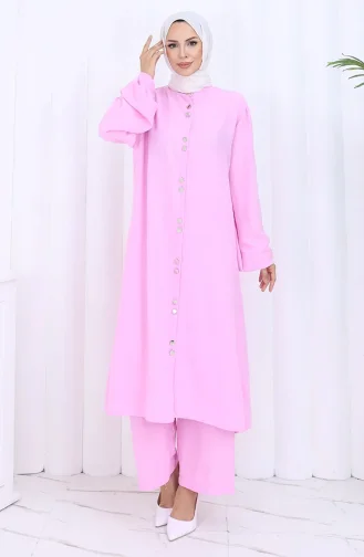 Boydan Düğmeli Tunik Pantolon İkili Takım 2114-04 Pembe
