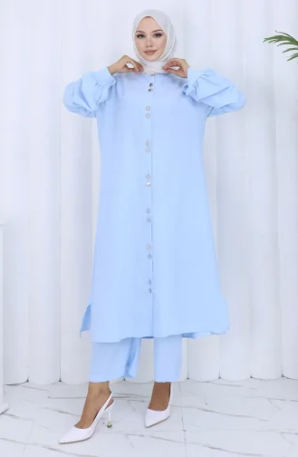 Boydan Düğmeli Tunik Pantolon İkili Takım 2114-07 Mavi