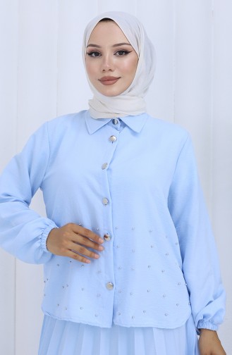 Taşlı Düğmeli Tunik Etek İkili Takım 2115-03 Mavi