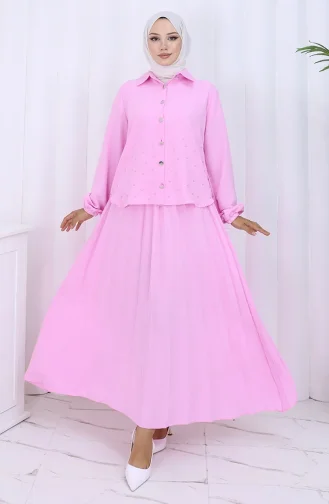 Taşlı Düğmeli Tunik Etek İkili Takım 2115-04 Pembe