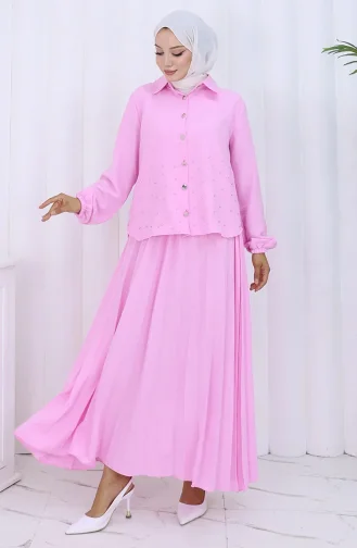 Taşlı Düğmeli Tunik Etek İkili Takım 2115-04 Pembe