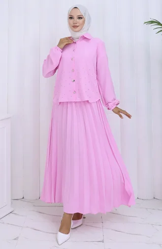 Taşlı Düğmeli Tunik Etek İkili Takım 2115-04 Pembe