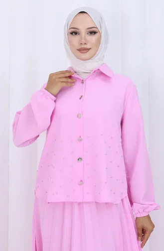 Taşlı Düğmeli Tunik Etek İkili Takım 2115-04 Pembe