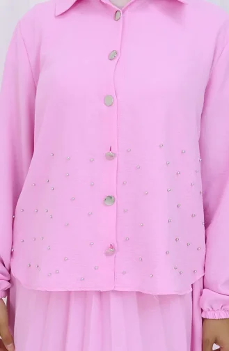Taşlı Düğmeli Tunik Etek İkili Takım 2115-04 Pembe
