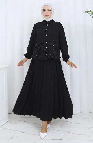 Taşlı Düğmeli Tunik Etek İkili Takım 2115-05 Siyah