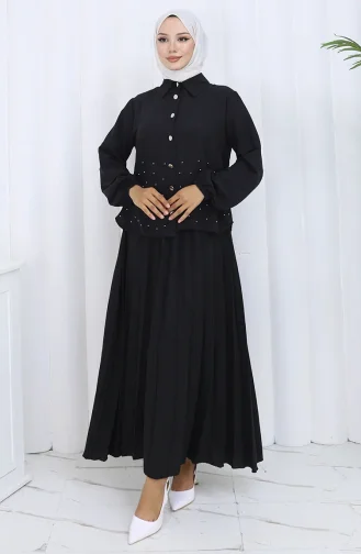 Taşlı Düğmeli Tunik Etek İkili Takım 2115-05 Siyah