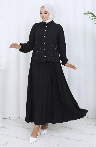 Taşlı Düğmeli Tunik Etek İkili Takım 2115-05 Siyah