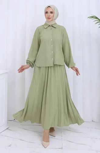 Stoned Buttoned Tunic Skirt Two Piece Suit 2115-07 Mold Green 2115-07