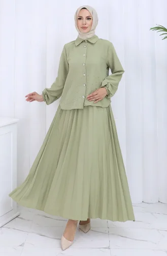 Stoned Buttoned Tunic Skirt Two Piece Suit 2115-07 Mold Green 2115-07