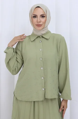 Stoned Buttoned Tunic Skirt Two Piece Suit 2115-07 Mold Green 2115-07