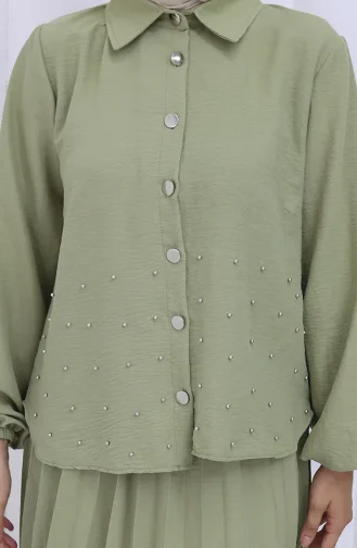 Stoned Buttoned Tunic Skirt Two Piece Suit 2115-07 Mold Green 2115-07