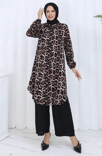 Zweiteiliger Anzug Mit Leopardenmuster Und Tunika-Hose 0125A-01 Braun 0125A-01