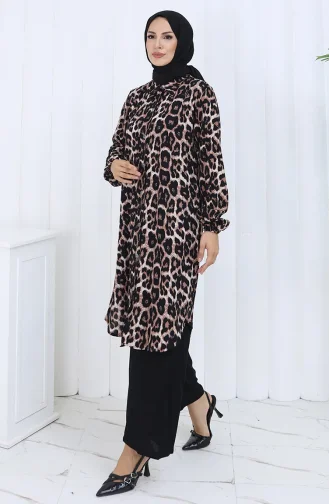 Zweiteiliger Anzug Mit Leopardenmuster Und Tunika-Hose 0125A-01 Braun 0125A-01