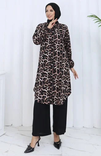 Zweiteiliger Anzug Mit Leopardenmuster Und Tunika-Hose 0125A-01 Braun 0125A-01