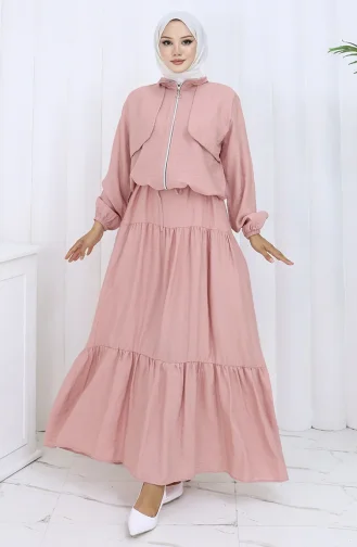 Kolu Lastikli Fermuarlı İkili Takım 0129-06 Gül Kurusu