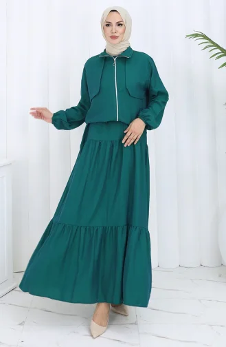 بدلة من قطعتين بأكمام مرنة وسحاب 0129-11 باللون الأخضر الزمردي 0129-11