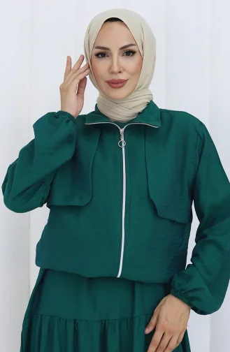 بدلة من قطعتين بأكمام مرنة وسحاب 0129-11 باللون الأخضر الزمردي 0129-11