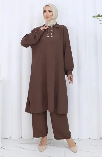 بدلة من قطعتين، بنطال تونك بأزرار مزدوجة، 2118-02 بني 2118-02