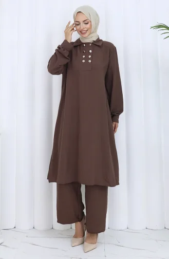 بدلة من قطعتين، بنطال تونك بأزرار مزدوجة، 2118-02 بني 2118-02