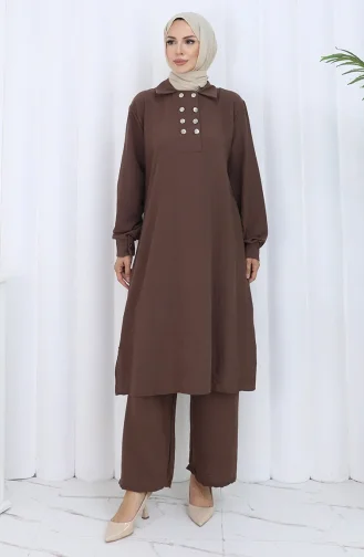 بدلة من قطعتين، بنطال تونك بأزرار مزدوجة، 2118-02 بني 2118-02