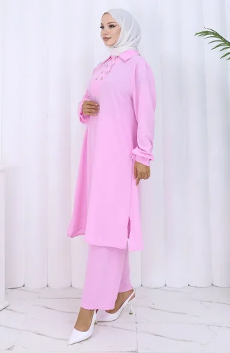 Ensemble Deux Pièces Tunique Et Pantalon à Double Boutonnage 2118-03 Rose 2118-03