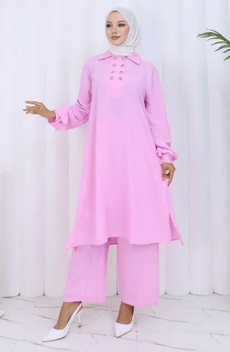 Ensemble Deux Pièces Tunique Et Pantalon à Double Boutonnage 2118-03 Rose 2118-03