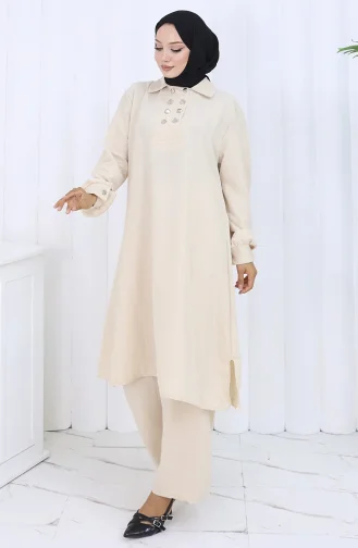 Çift Düğmeli Tunik Pantolon İkili Takım 2118-06 Vizon