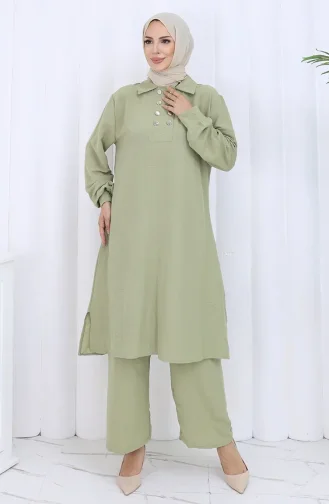 Ensemble Deux Pièces Tunique Et Pantalon à Double Boutonnage 2118-07 Vert Moisissure 2118-07