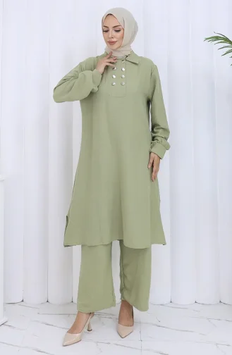Ensemble Deux Pièces Tunique Et Pantalon à Double Boutonnage 2118-07 Vert Moisissure 2118-07
