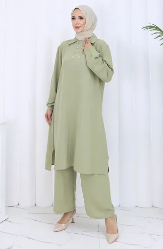 Ensemble Deux Pièces Tunique Et Pantalon à Double Boutonnage 2118-07 Vert Moisissure 2118-07